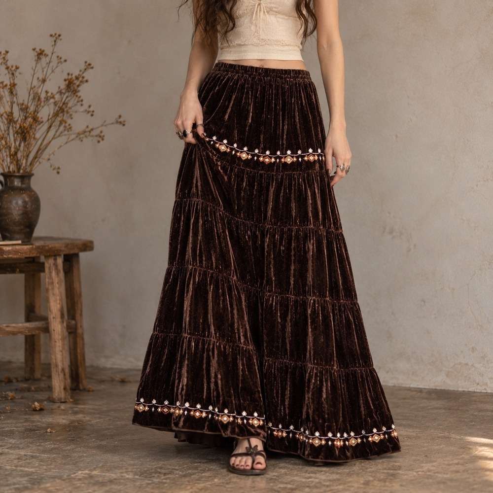 Y2K Fairy Grunge Whimsygoth Brown Velvet Maxi Skirt Sz M Embroidered Tiered Boho